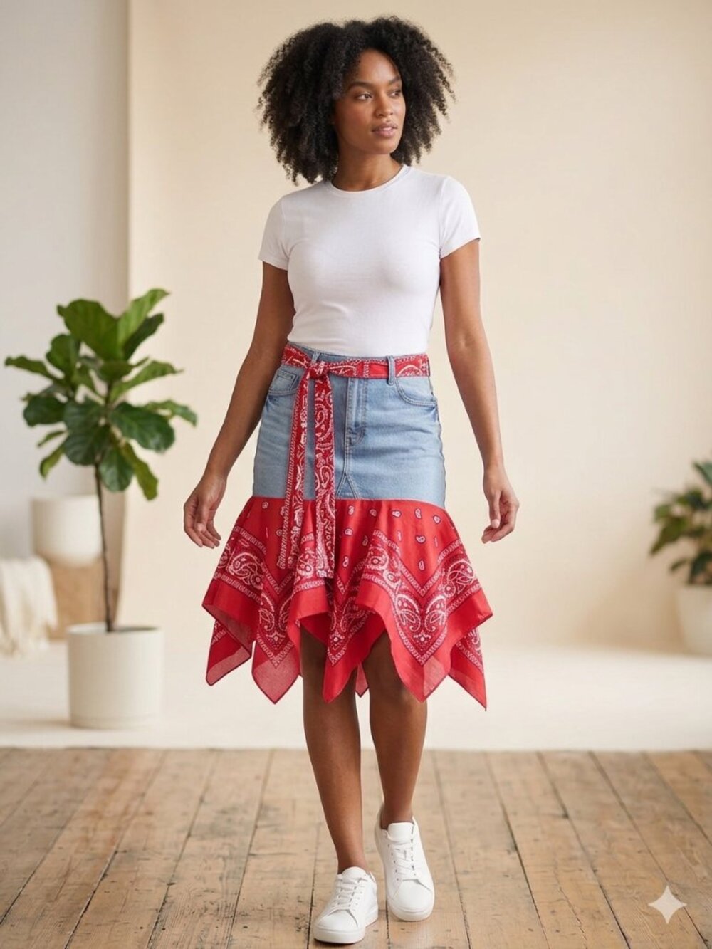Handmade Upcycled jean Denim Red Bandana Skirt short